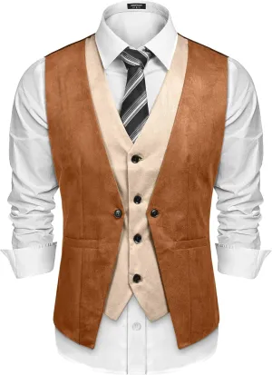 COOFANDY Men's Suede Leather Vest Layered Style Dress Vest Waistcoat
