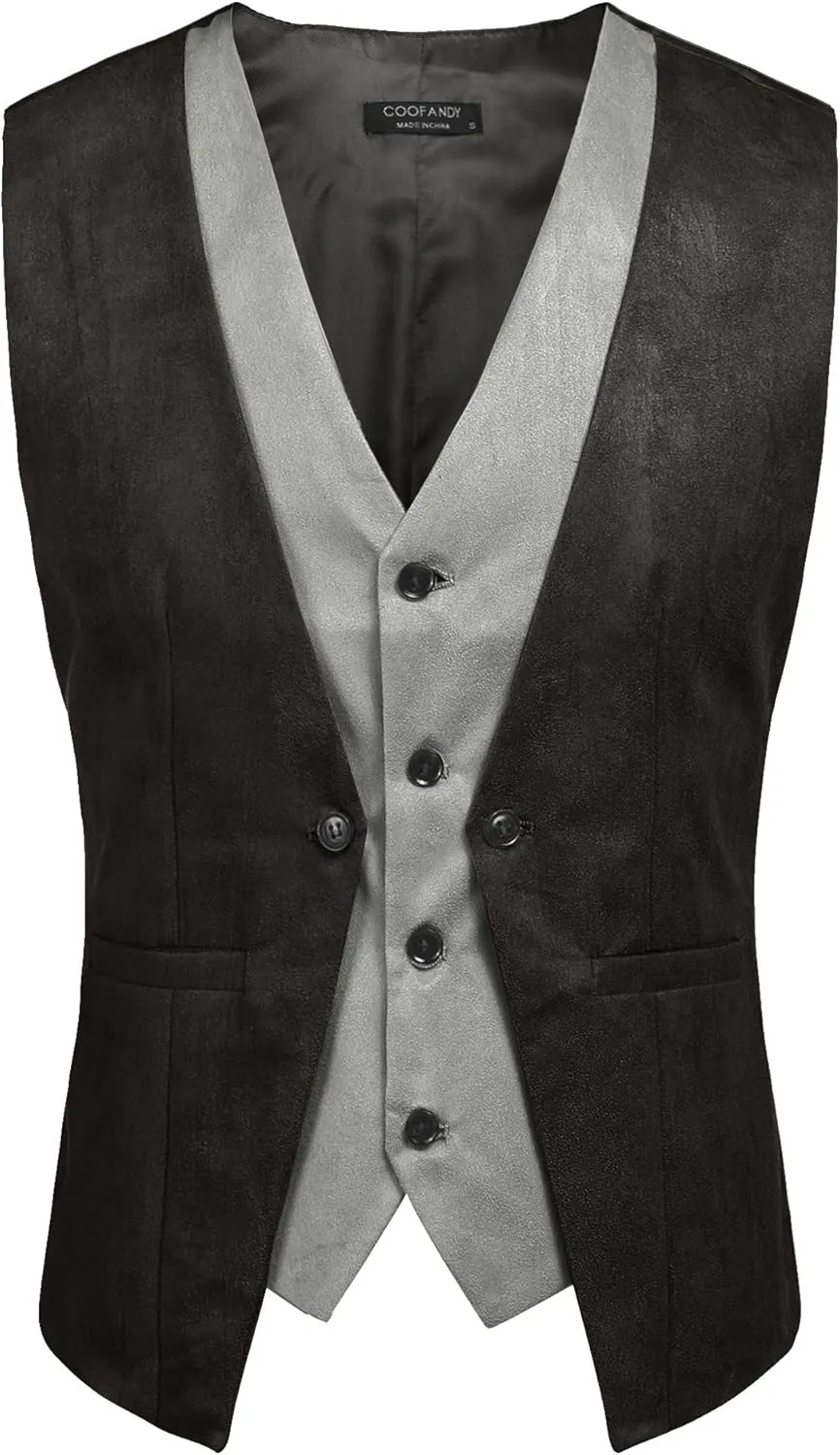 COOFANDY Men's Suede Leather Vest Layered Style Dress Vest Waistcoat