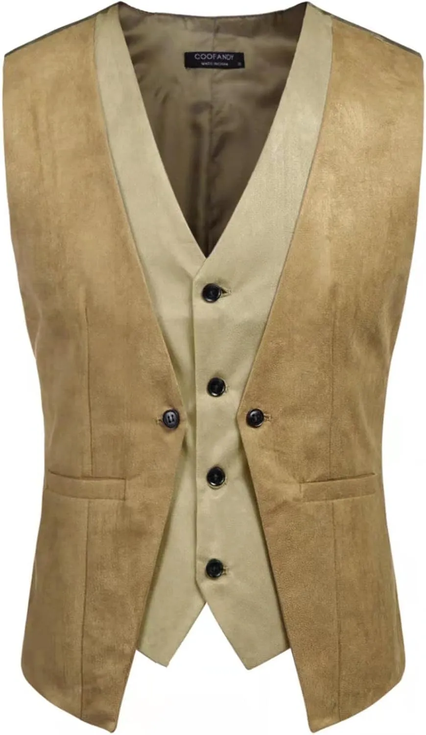 COOFANDY Men's Suede Leather Vest Layered Style Dress Vest Waistcoat