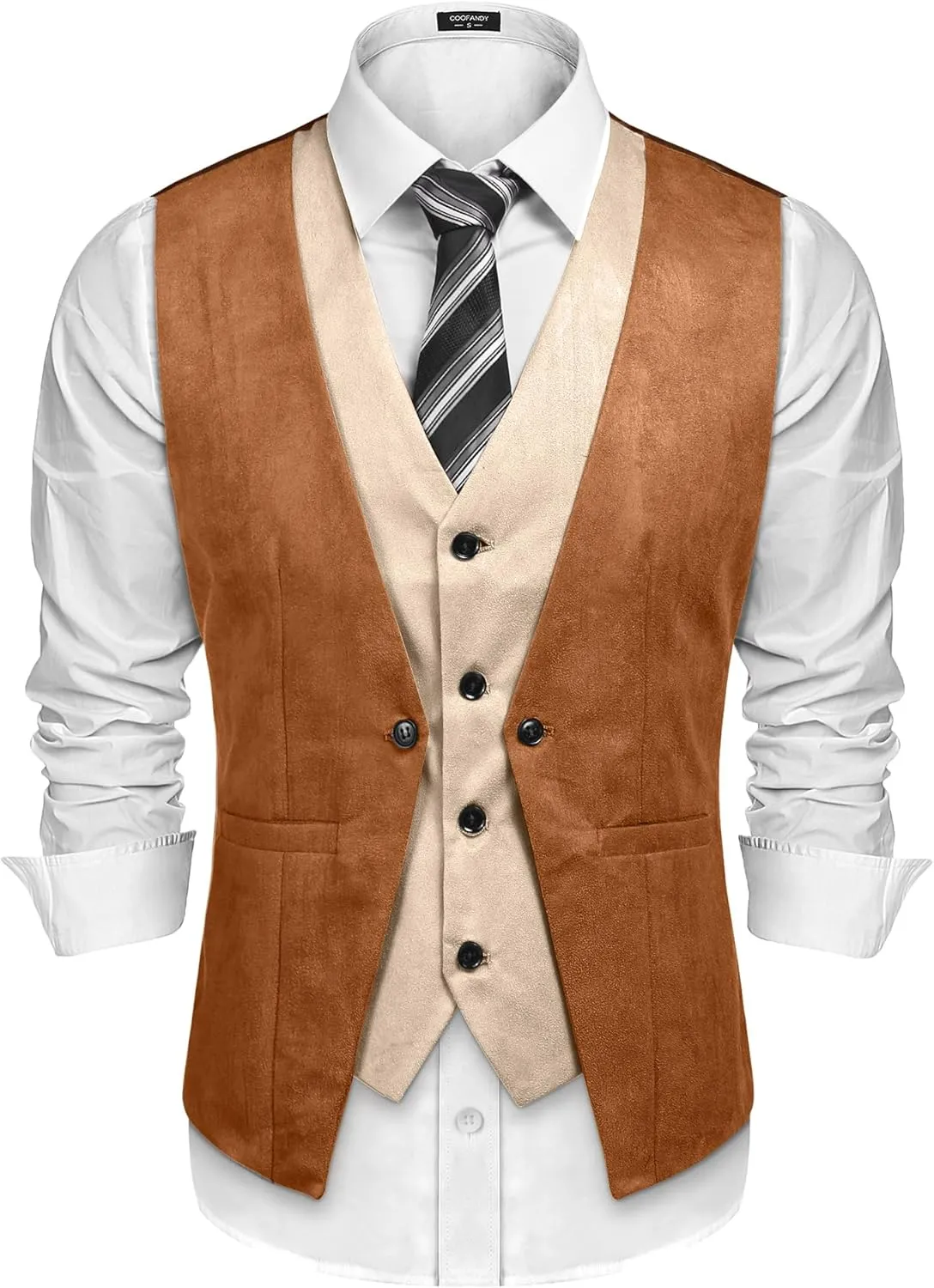 COOFANDY Men's Suede Leather Vest Layered Style Dress Vest Waistcoat