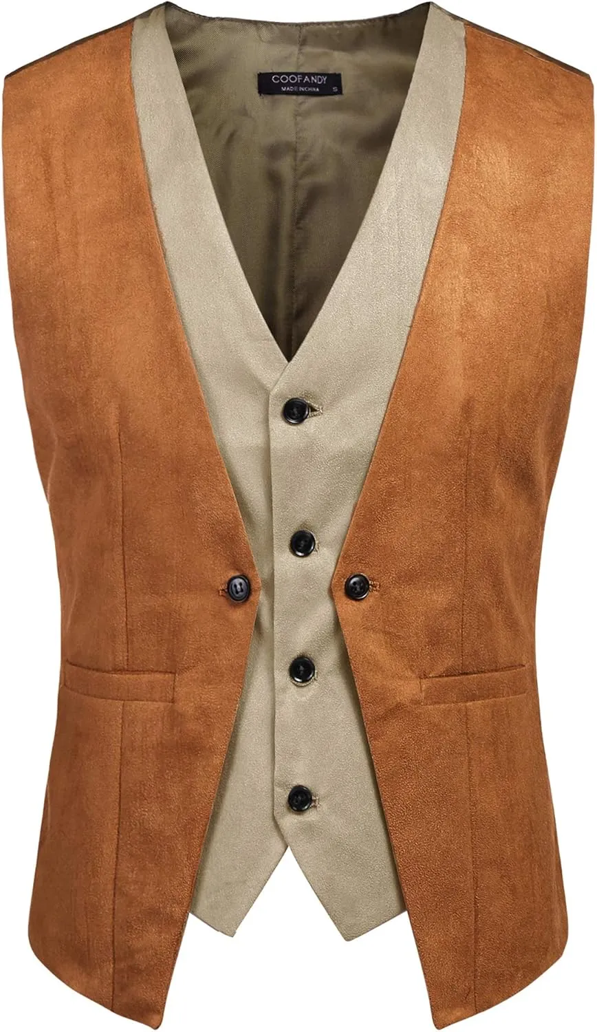 COOFANDY Men's Suede Leather Vest Layered Style Dress Vest Waistcoat