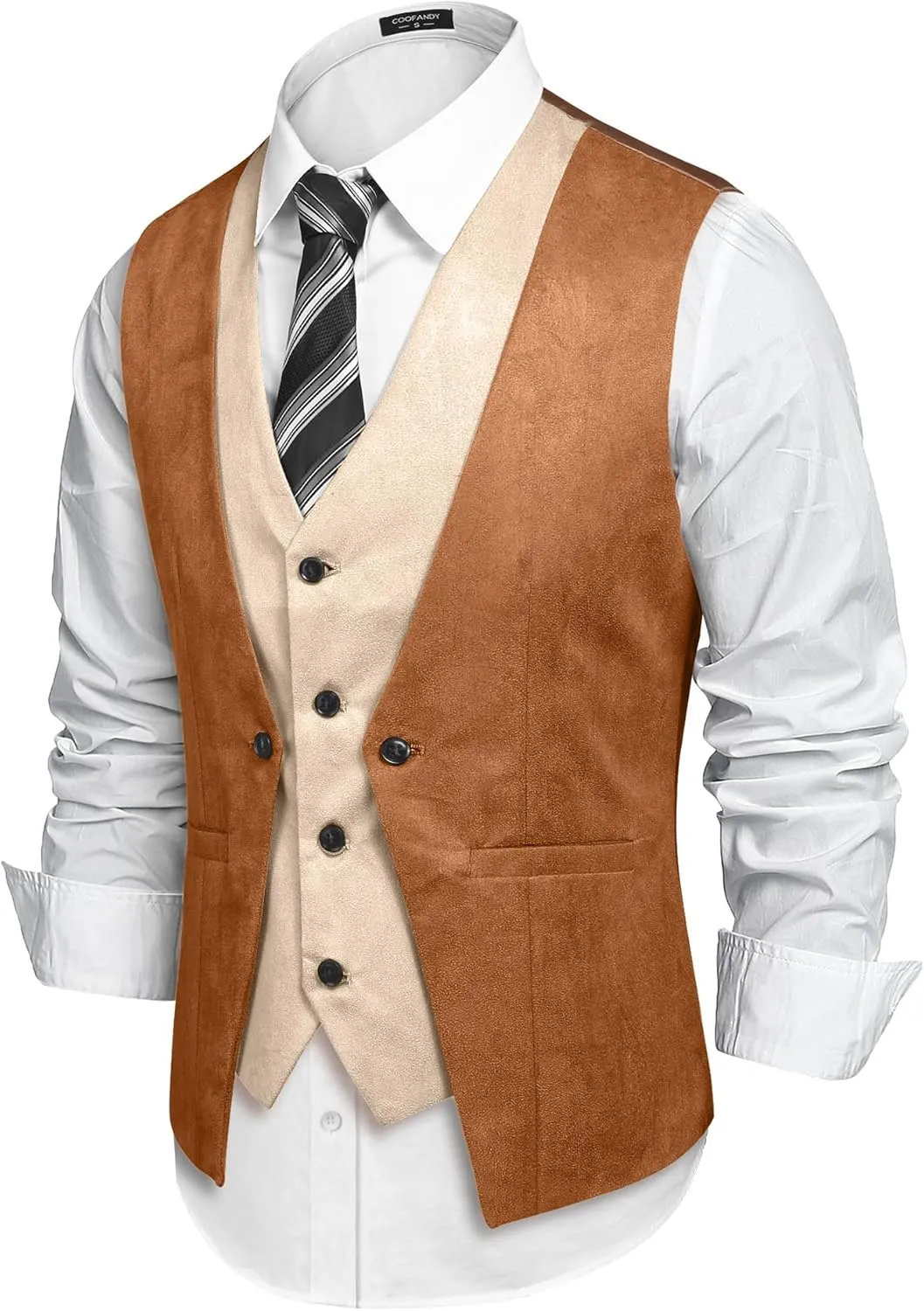 COOFANDY Men's Suede Leather Vest Layered Style Dress Vest Waistcoat
