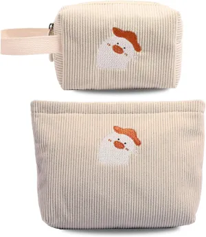 Corduroy Makeup Bag Set for Girls Kids, 2Pcs Cute Embroidered Cosmetic Bag for Women, Wide-Open Travel Toiletry Pouch for Accessories, Daily Organizer for Teens Birthday Christmas Gift, White Goose