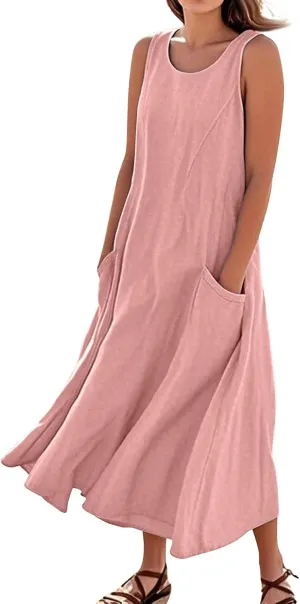 Cotton Linen Maxi Dress for Women 2025 Summer Boho Beach Dresses Sleeveless Solid Long Vacation Outfits Beach Gauze Dress Plus Size Pink XL