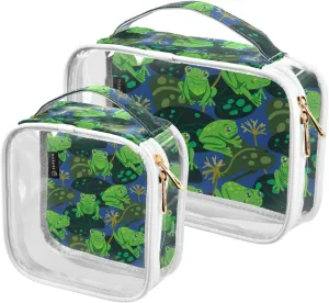 Cute-frogs-water-lily-leaves 2 Pack Clear Toiletry Bag Women Men, Portable Waterproof Clear Pouch, Cosmetic Bag with Double Zippers Large Opening Traveling with Handle for Bathroom Traveling Vacation