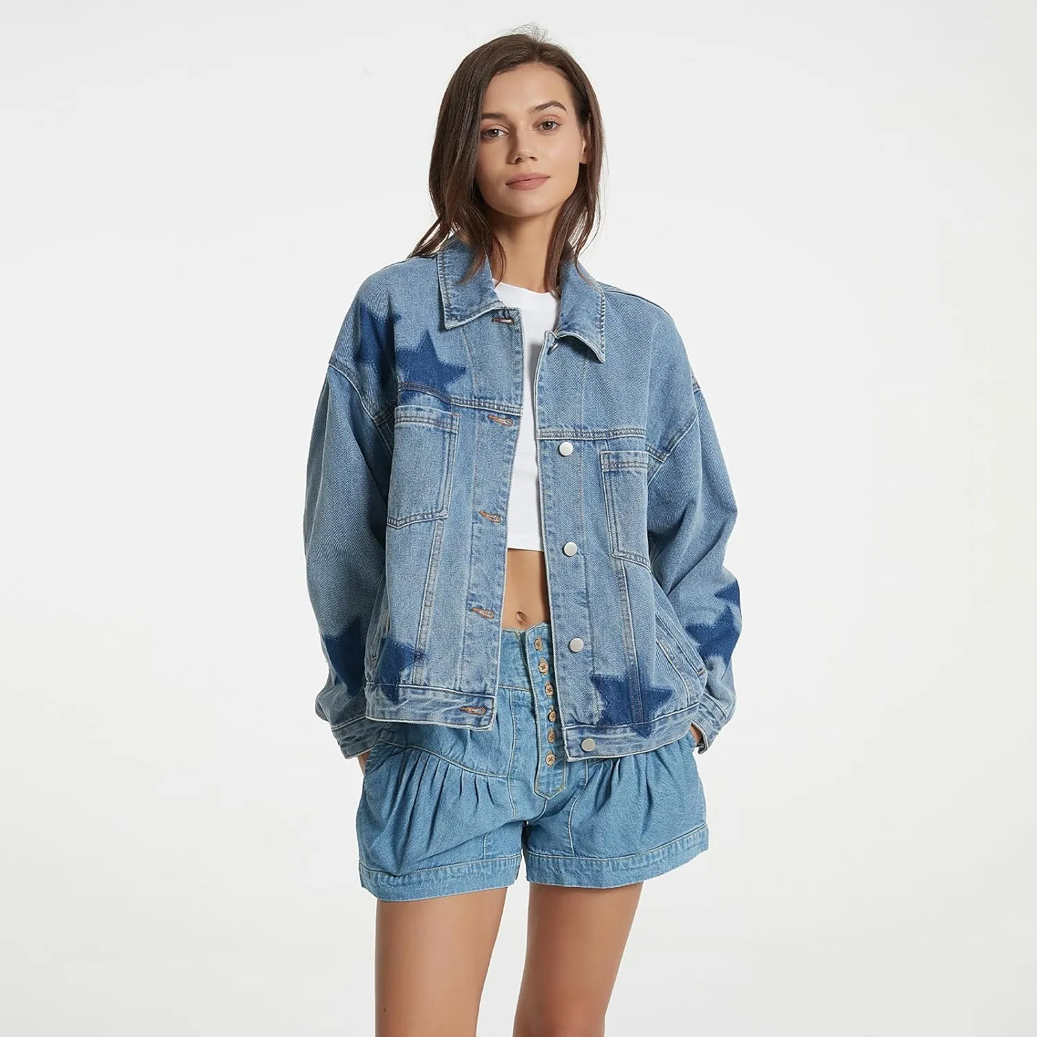 D-Sun Women Casual Denim Jacket Oversized Leopard Stars Printed Boyfriend Vintage Jean Jacket Coat with Pockets