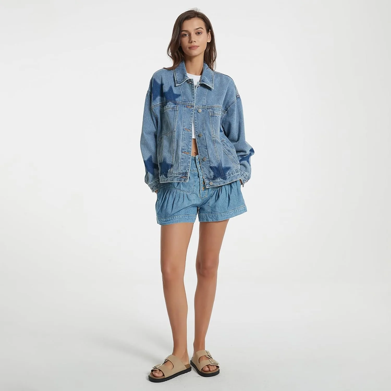 D-Sun Women Casual Denim Jacket Oversized Leopard Stars Printed Boyfriend Vintage Jean Jacket Coat with Pockets