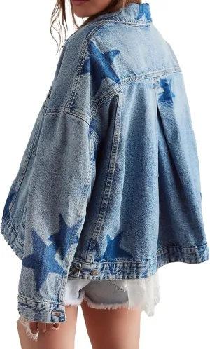 D-Sun Women Casual Denim Jacket Oversized Leopard Stars Printed Boyfriend Vintage Jean Jacket Coat with Pockets