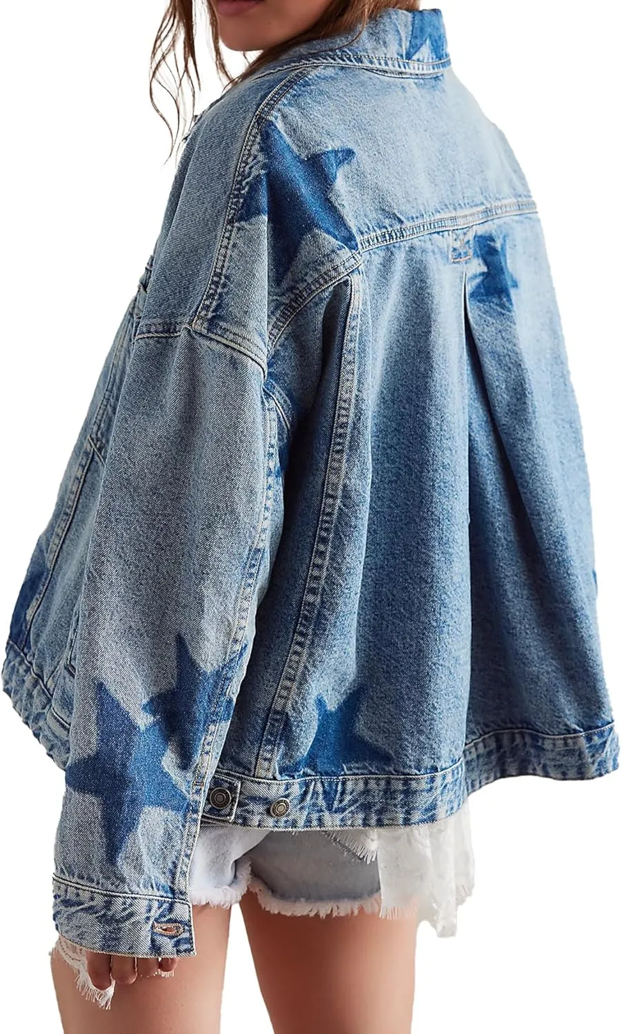 D-Sun Women Casual Denim Jacket Oversized Leopard Stars Printed Boyfriend Vintage Jean Jacket Coat with Pockets