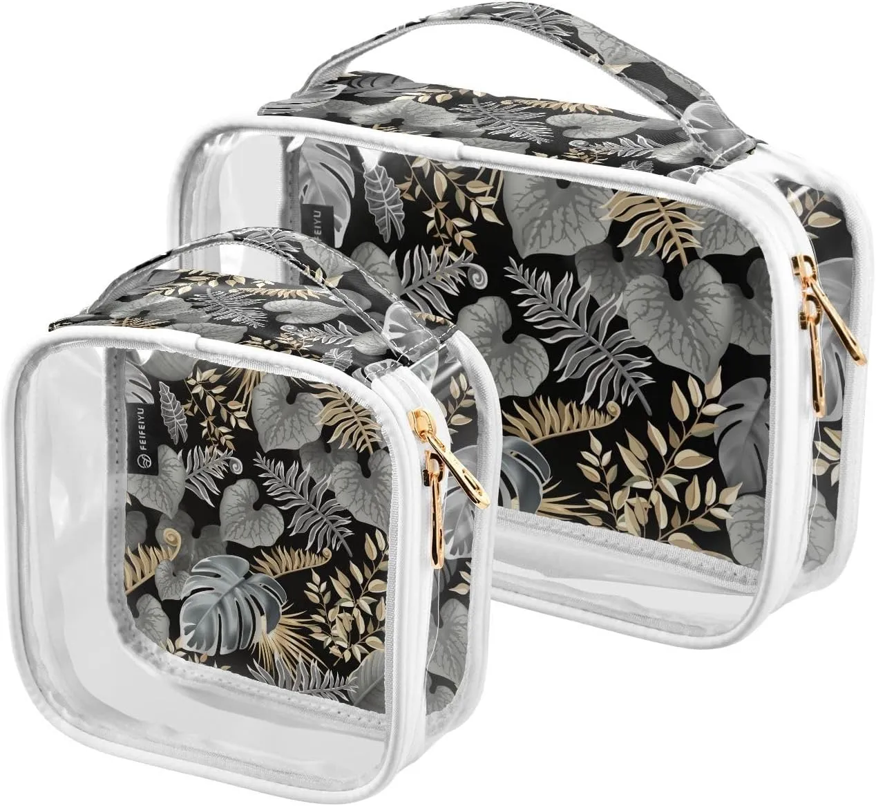 Dark-tropical-leaves Texture 2 Pack Clear Toiletry Bag Women Men, Portable Waterproof Clear Pouch, Cosmetic Bag with Double Zippers Large Opening Traveling with Handle for Bathroom Traveling Vacation
