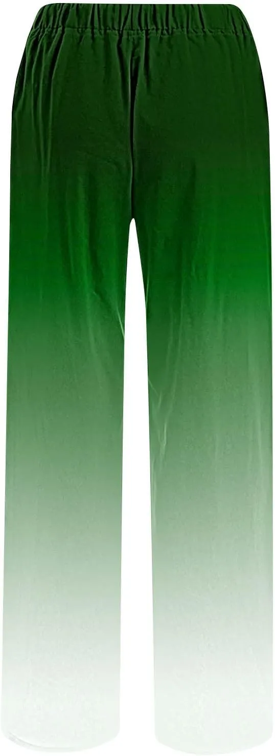 DASAYO Linen Pants for Women Summer Drawstringg Elastic Waist Gradient Palazzo with Pockets Ladies Casual Wide Leg Trousers