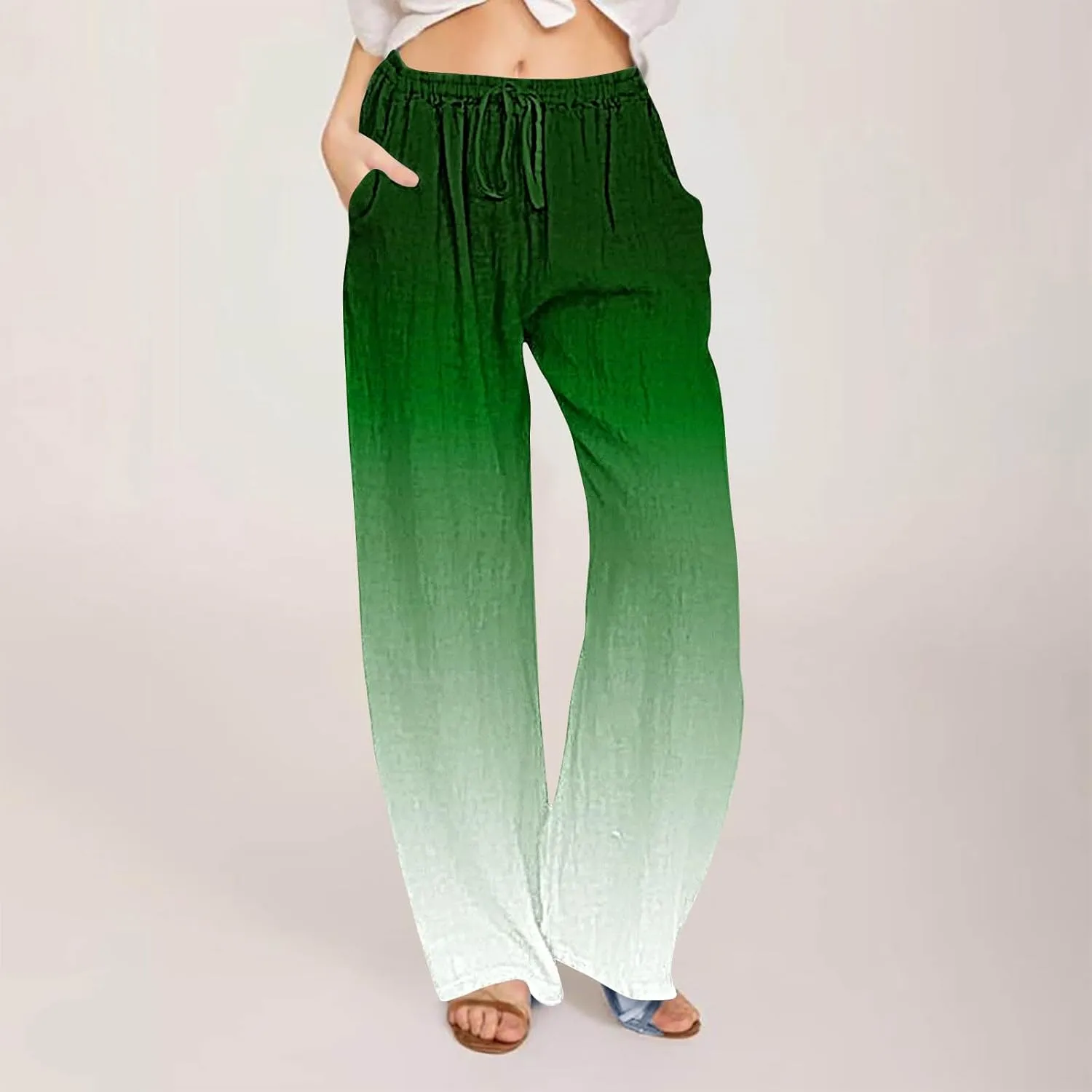 DASAYO Linen Pants for Women Summer Drawstringg Elastic Waist Gradient Palazzo with Pockets Ladies Casual Wide Leg Trousers