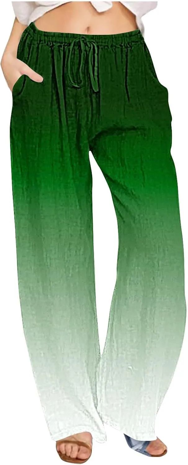 DASAYO Linen Pants for Women Summer Drawstringg Elastic Waist Gradient Palazzo with Pockets Ladies Casual Wide Leg Trousers