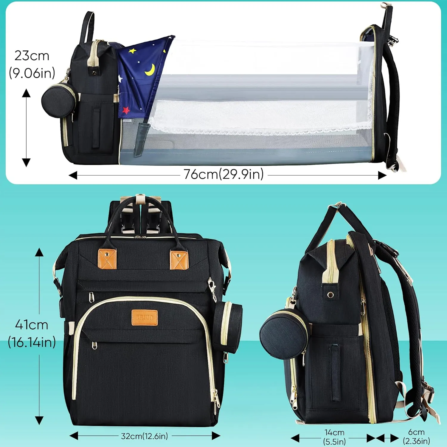 Diaper Bag Backpack for Mom and Dad, Large Capacity Baby Travel Bag with USB Charging Port, Waterproof Foldable Baby Bag for Boys and Girls, Stylish Maternity Backpack for Travel & HospitalBlack