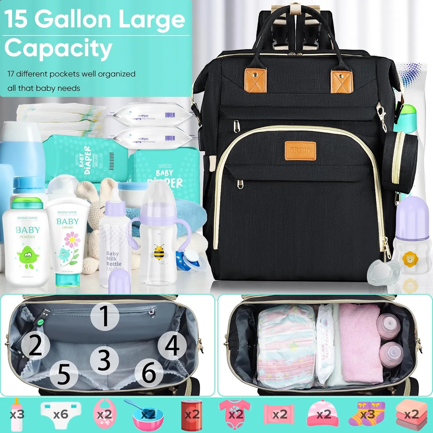 Diaper Bag Backpack for Mom and Dad, Large Capacity Baby Travel Bag with USB Charging Port, Waterproof Foldable Baby Bag for Boys and Girls, Stylish Maternity Backpack for Travel & HospitalBlack