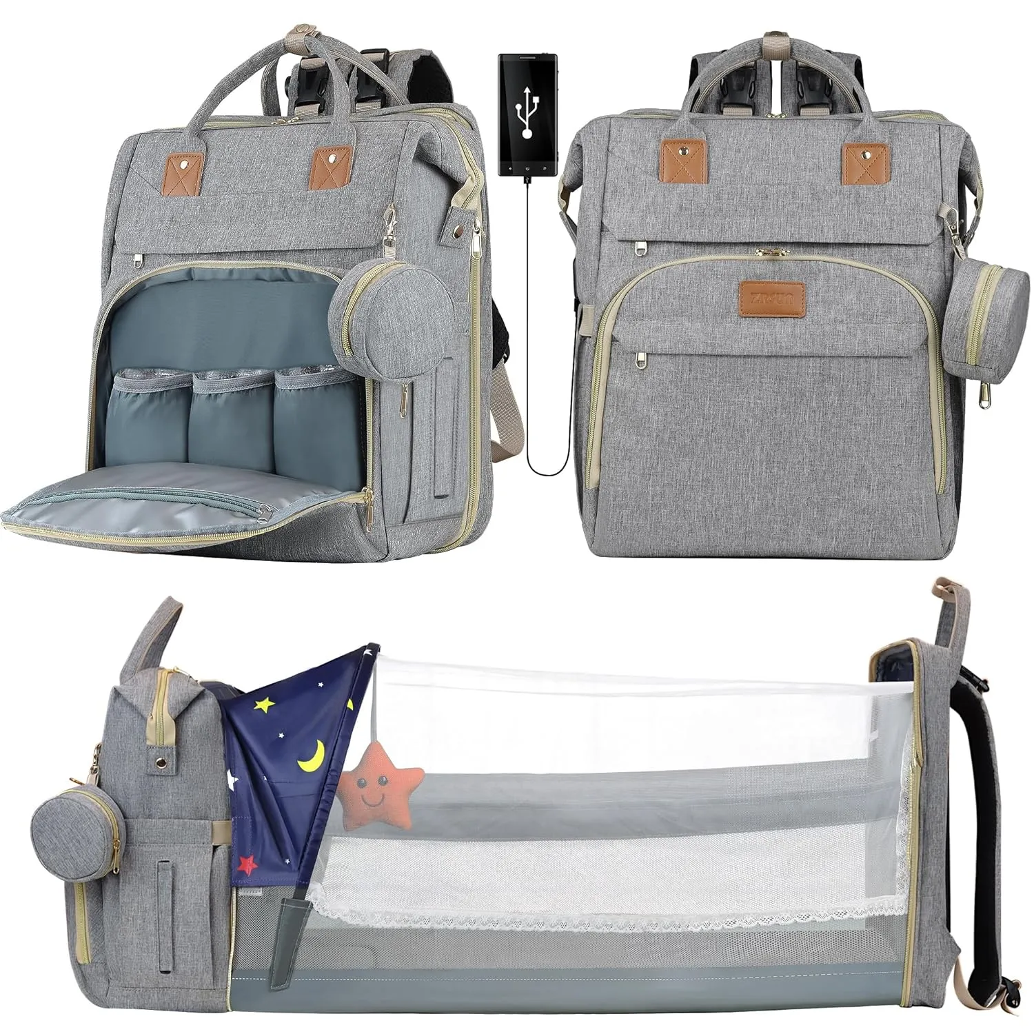 Diaper Bag Backpack for Mom and Dad, Large Capacity Baby Travel Bag with USB Charging Port, Waterproof Foldable Baby Bag for Boys and Girls, Stylish Maternity Backpack for Travel & HospitalGrey