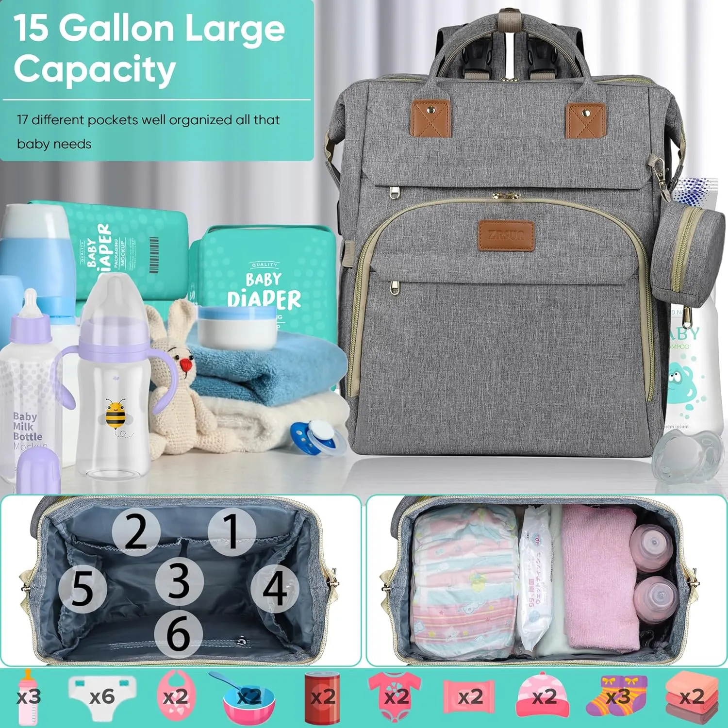 Diaper Bag Backpack for Mom and Dad, Large Capacity Baby Travel Bag with USB Charging Port, Waterproof Foldable Baby Bag for Boys and Girls, Stylish Maternity Backpack for Travel & HospitalGrey