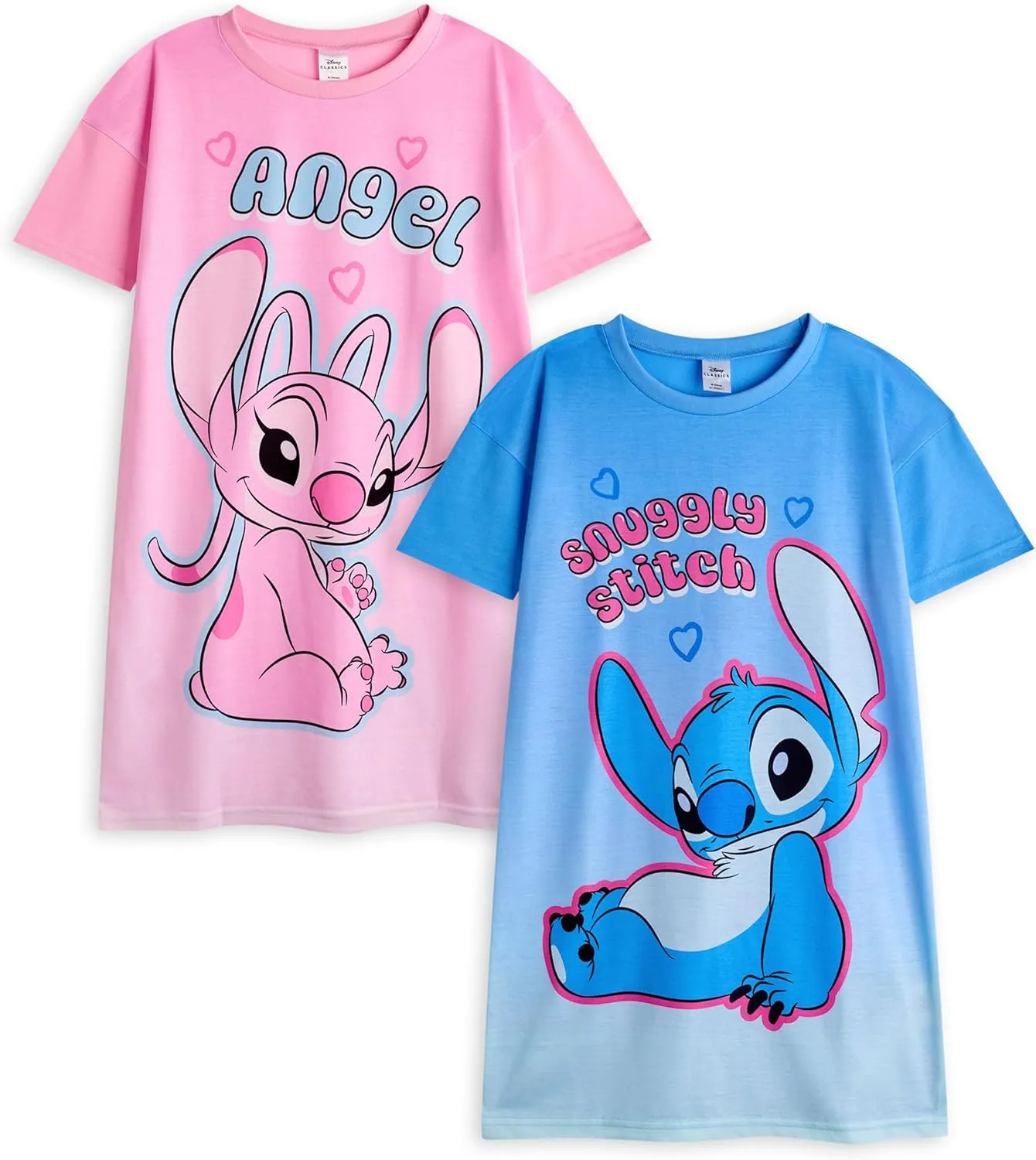 Disney Angel & Stitch Girls Nightdress Pajama Set Pack of 2 | Kids Character Graphic Print Long Sleeve Night T-Shirt & PJ