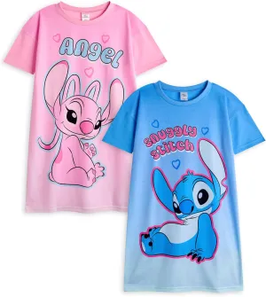 Disney Angel & Stitch Girls Nightdress Pajama Set Pack of 2 | Kids Character Graphic Print Long Sleeve Night T-Shirt & PJ