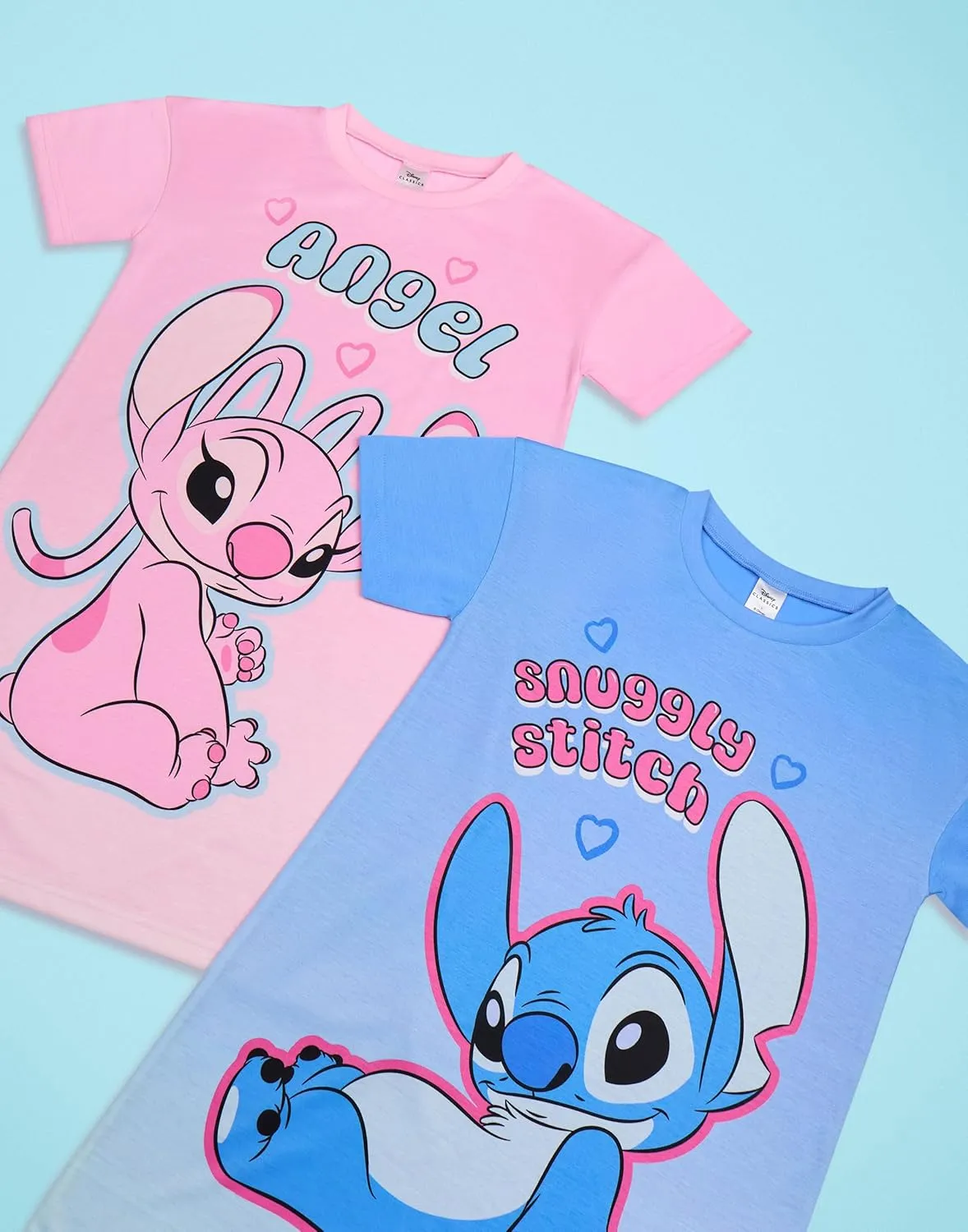 Disney Angel & Stitch Girls Nightdress Pajama Set Pack of 2 | Kids Character Graphic Print Long Sleeve Night T-Shirt & PJ