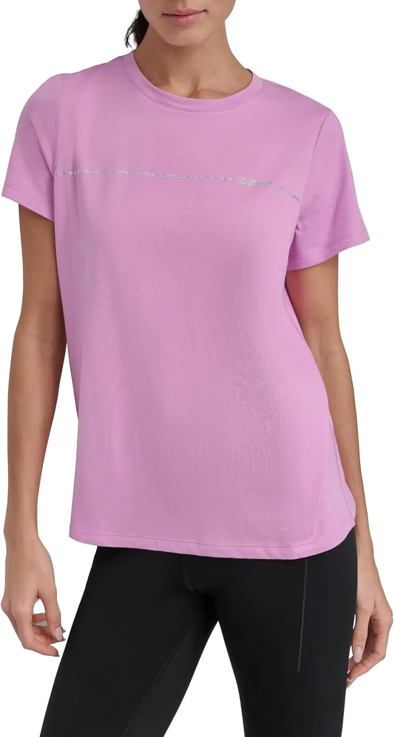 DKNY womens Rhinestone Stripe Logo Short Sleeve T-shirt