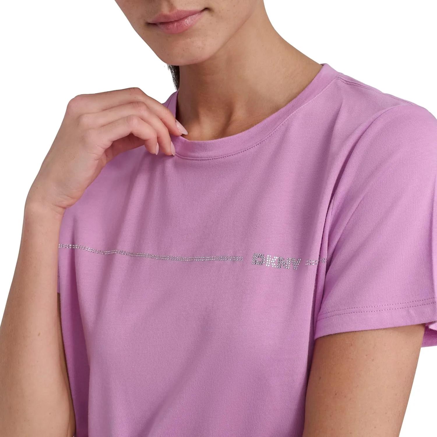 DKNY womens Rhinestone Stripe Logo Short Sleeve T-shirt