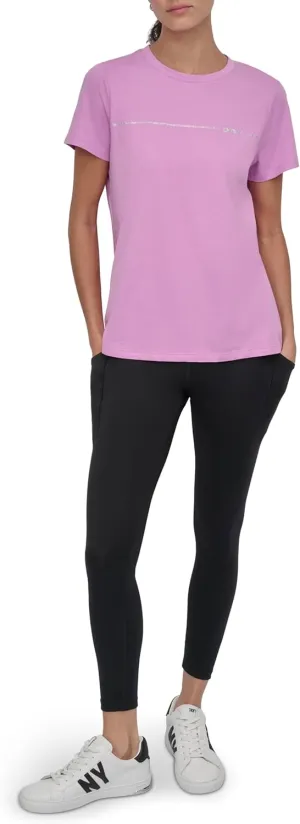 DKNY womens Rhinestone Stripe Logo Short Sleeve T-shirt