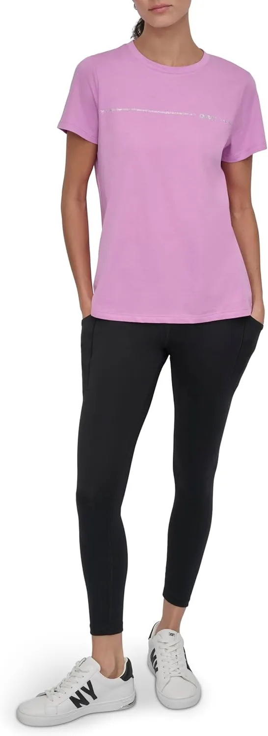 DKNY womens Rhinestone Stripe Logo Short Sleeve T-shirt