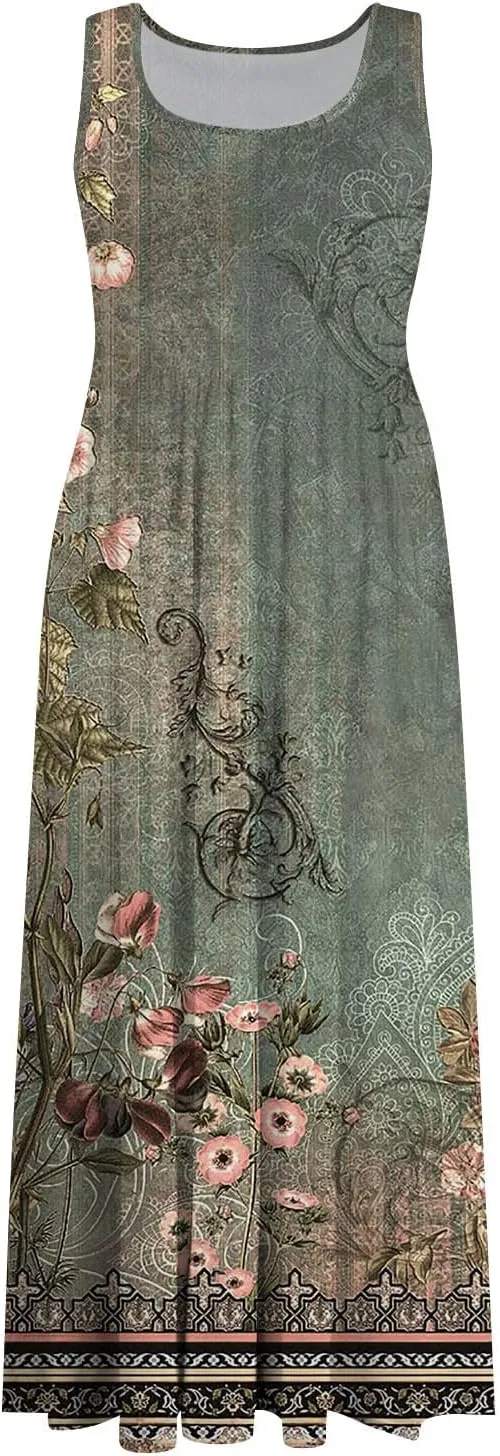 DOPOCQ Dresses for Women 2024 Casual Summer Floral Print Loose Midi Dress Plus Size Sleeveless Square Neck Dress with Pocket