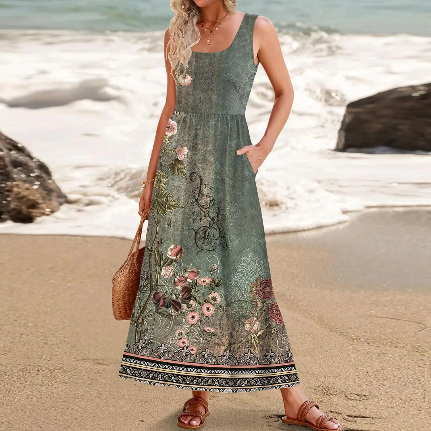 DOPOCQ Dresses for Women 2024 Casual Summer Floral Print Loose Midi Dress Plus Size Sleeveless Square Neck Dress with Pocket