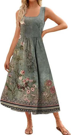 DOPOCQ Dresses for Women 2024 Casual Summer Floral Print Loose Midi Dress Plus Size Sleeveless Square Neck Dress with Pocket