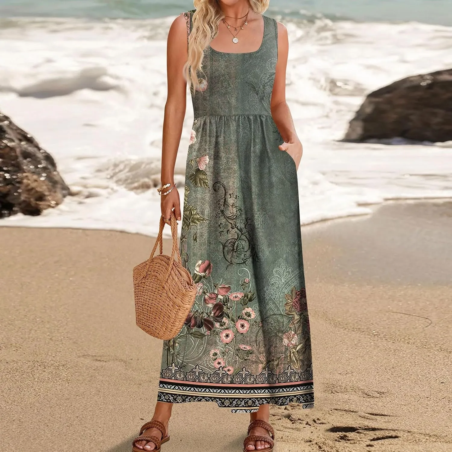 DOPOCQ Dresses for Women 2024 Casual Summer Floral Print Loose Midi Dress Plus Size Sleeveless Square Neck Dress with Pocket