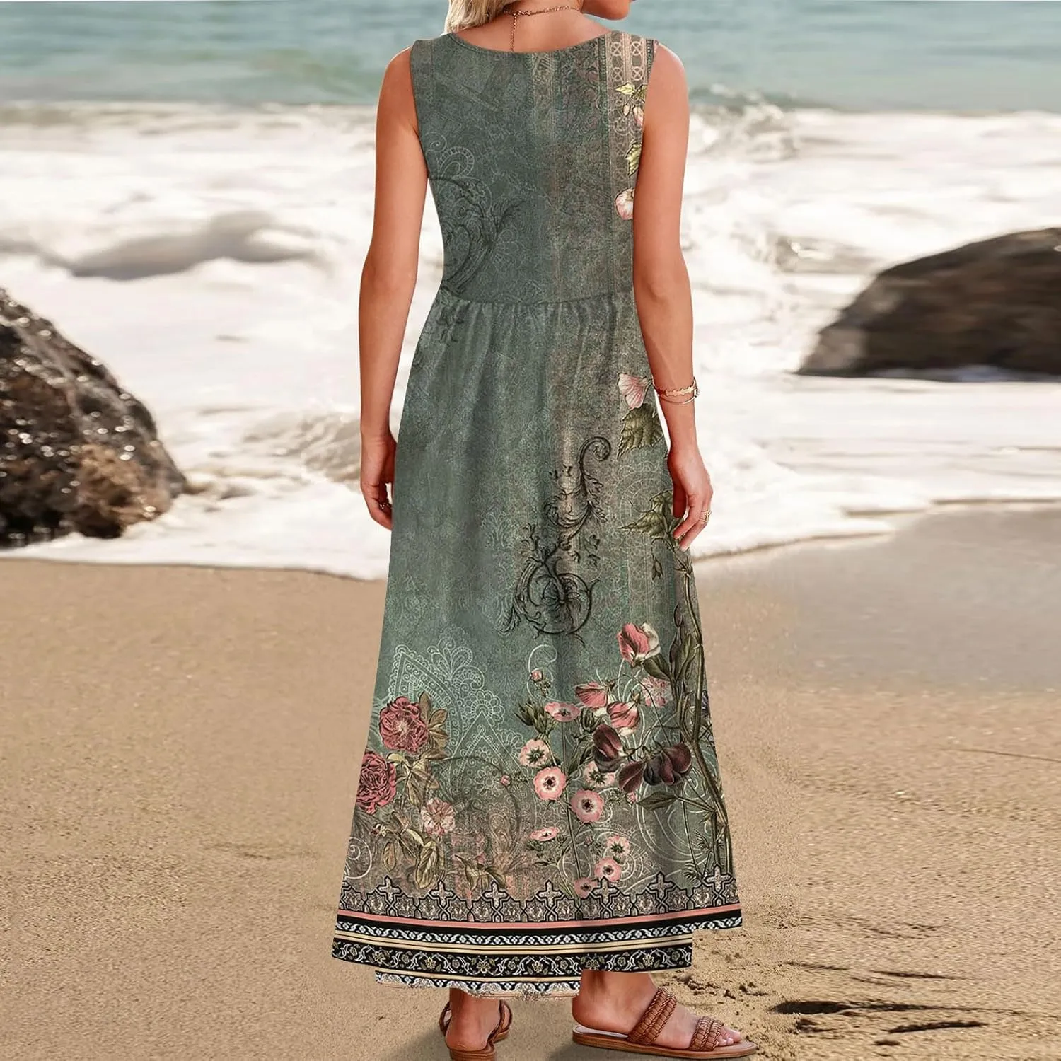 DOPOCQ Dresses for Women 2024 Casual Summer Floral Print Loose Midi Dress Plus Size Sleeveless Square Neck Dress with Pocket