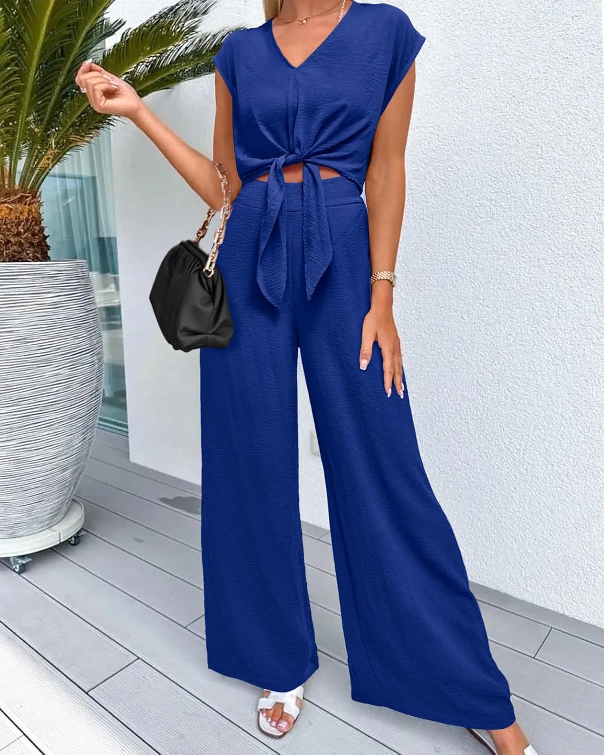 dowerme Women's Summer 2 Piece Outfits Cap Sleeve Strappy Crop Top Wide Leg Pant Sets Casual Tracksuit Lounge Wear 2025