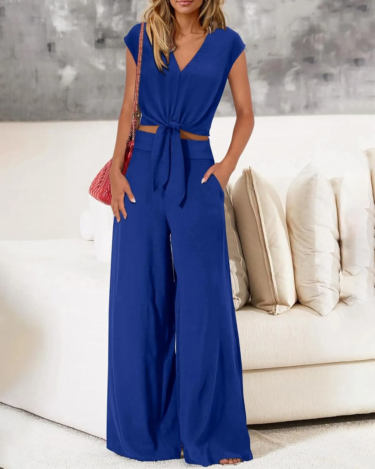 dowerme Women's Summer 2 Piece Outfits Cap Sleeve Strappy Crop Top Wide Leg Pant Sets Casual Tracksuit Lounge Wear 2025