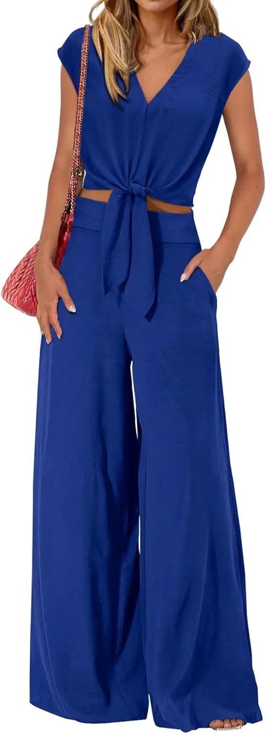 dowerme Women's Summer 2 Piece Outfits Cap Sleeve Strappy Crop Top Wide Leg Pant Sets Casual Tracksuit Lounge Wear 2025
