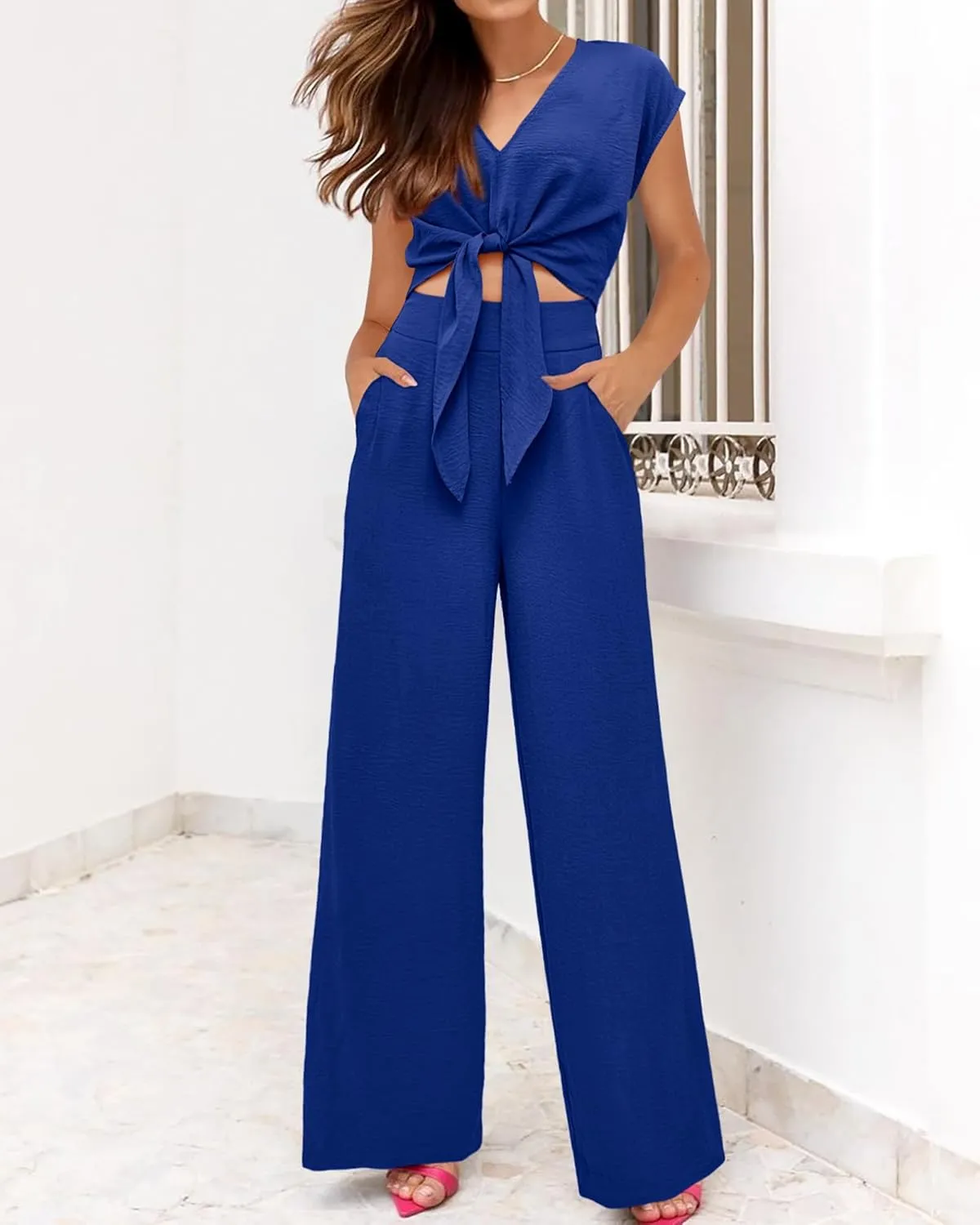 dowerme Women's Summer 2 Piece Outfits Cap Sleeve Strappy Crop Top Wide Leg Pant Sets Casual Tracksuit Lounge Wear 2025