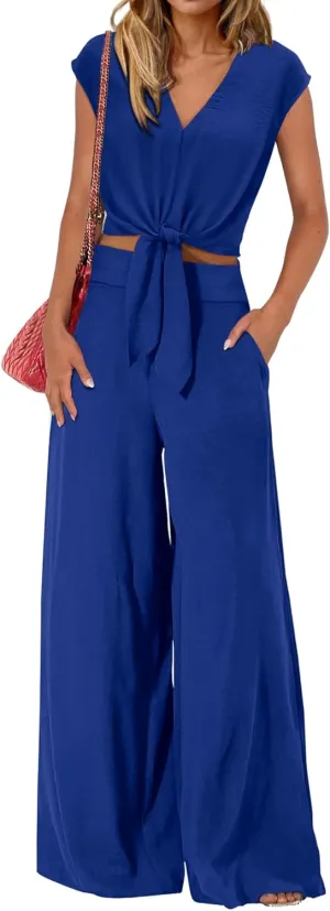 dowerme Women's Summer 2 Piece Outfits Cap Sleeve Strappy Crop Top Wide Leg Pant Sets Casual Tracksuit Lounge Wear 2025