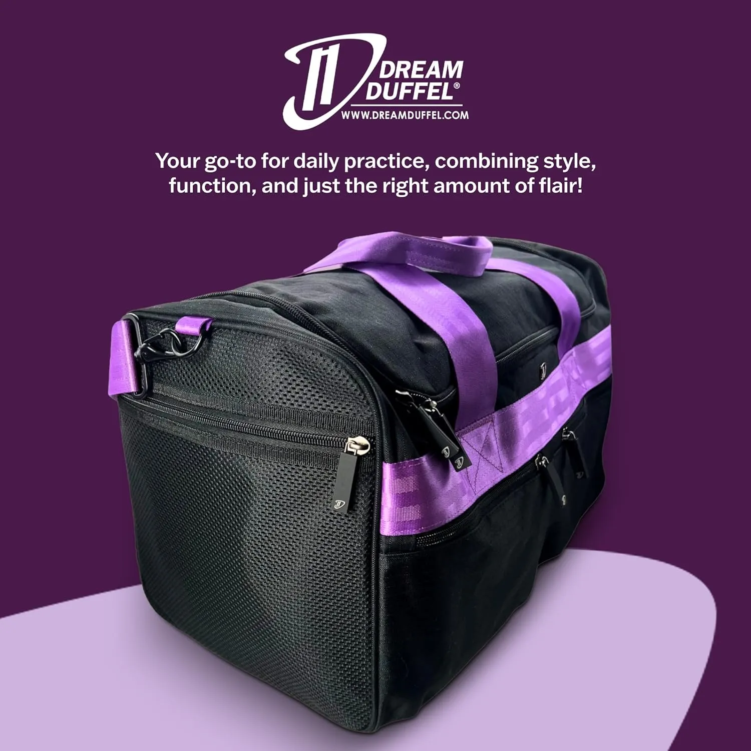 Dream Duffel Elevate Gym Bag, Sports Duffle with Shoe Pockets, Insulated Compartment, and Durable Design, 19"x12"x11.5", Purple