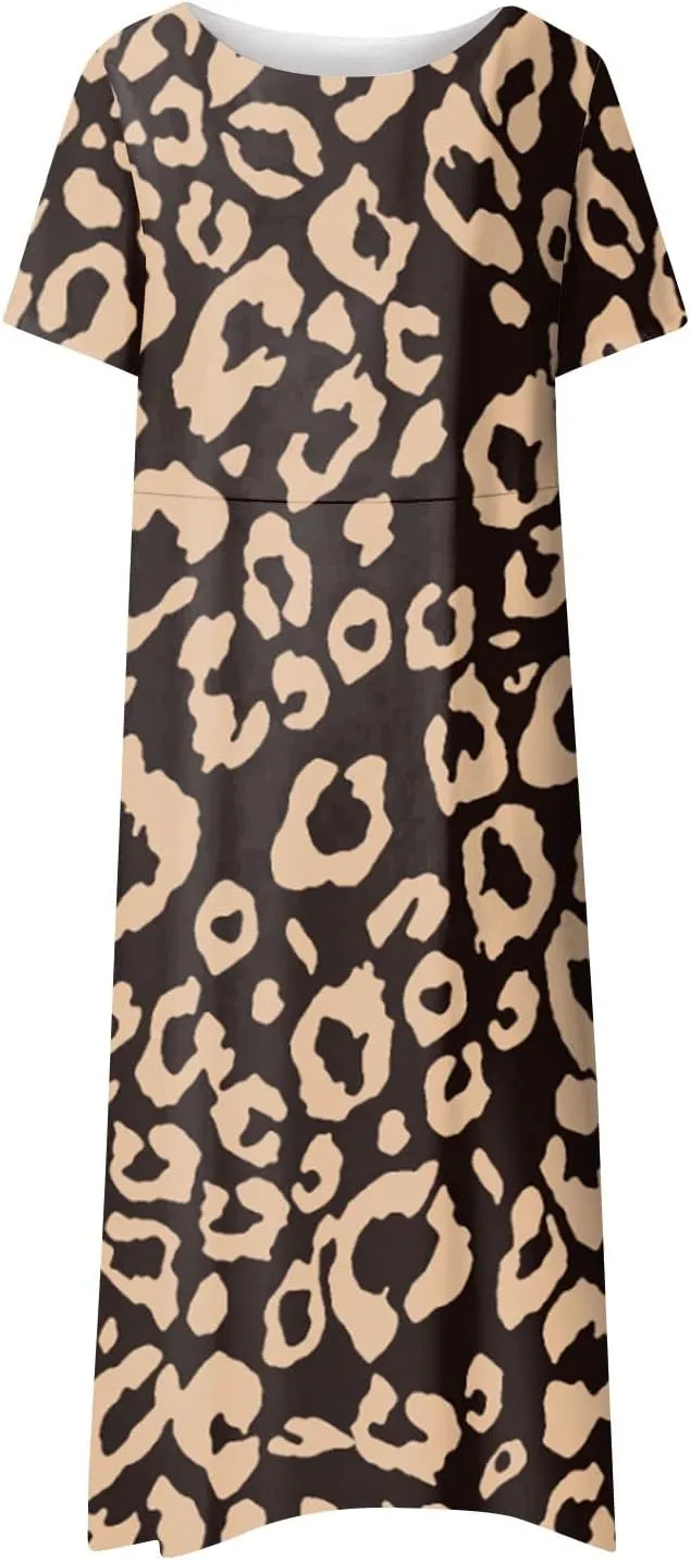Dresses for Women 2024 Printed Pocket Long Dresses Pleated Short Sleeve Beach Dress Round Neck Comfy Maxi Dress