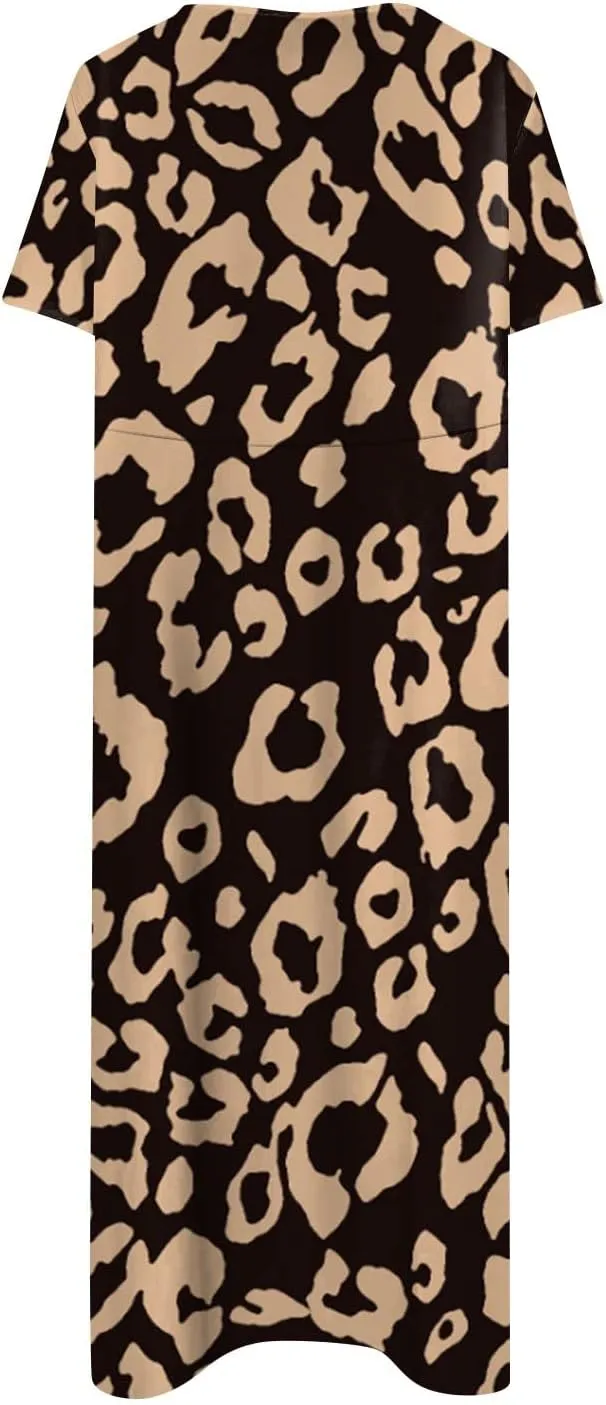 Dresses for Women 2024 Printed Pocket Long Dresses Pleated Short Sleeve Beach Dress Round Neck Comfy Maxi Dress