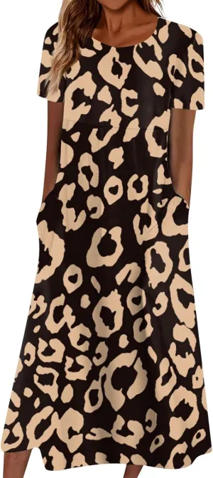 Dresses for Women 2024 Printed Pocket Long Dresses Pleated Short Sleeve Beach Dress Round Neck Comfy Maxi Dress