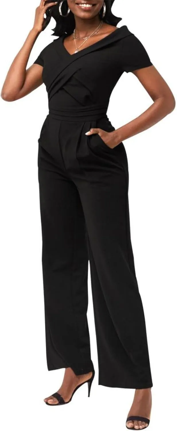 Dressy Jumpsuits for Women Elegant Sexy V-Neck Rompers Formal Evening Party Wide Leg Pant Suits