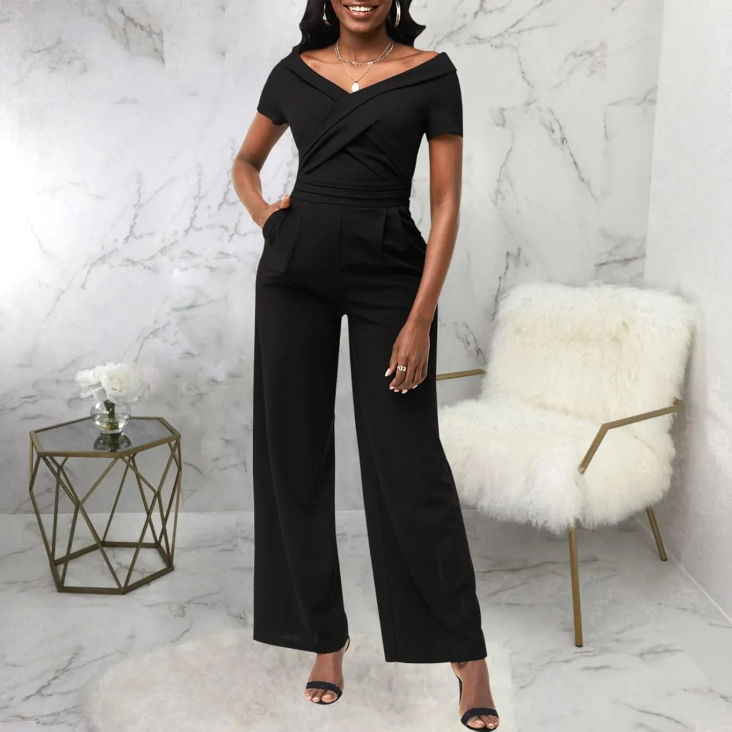 Dressy Jumpsuits for Women Elegant Sexy V-Neck Rompers Formal Evening Party Wide Leg Pant Suits