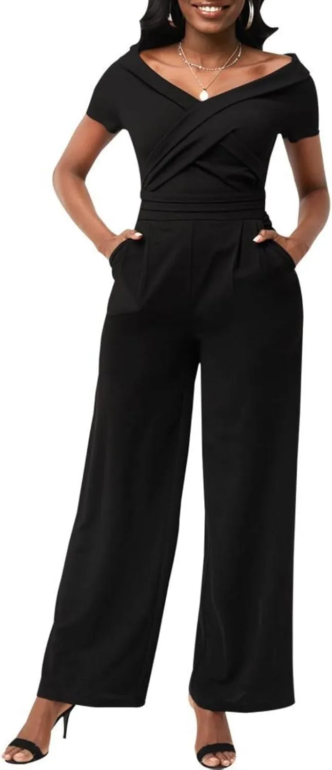 Dressy Jumpsuits for Women Elegant Sexy V-Neck Rompers Formal Evening Party Wide Leg Pant Suits