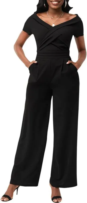 Dressy Jumpsuits for Women Elegant Sexy V-Neck Rompers Formal Evening Party Wide Leg Pant Suits