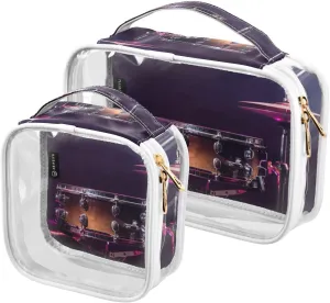 Drum-set Print 2 Pack Clear Toiletry Bag Women Men, Portable Waterproof Clear Pouch, Cosmetic Bag with Double Zippers Large Opening Traveling with Handle for Bathroom Traveling Vacation Organizing