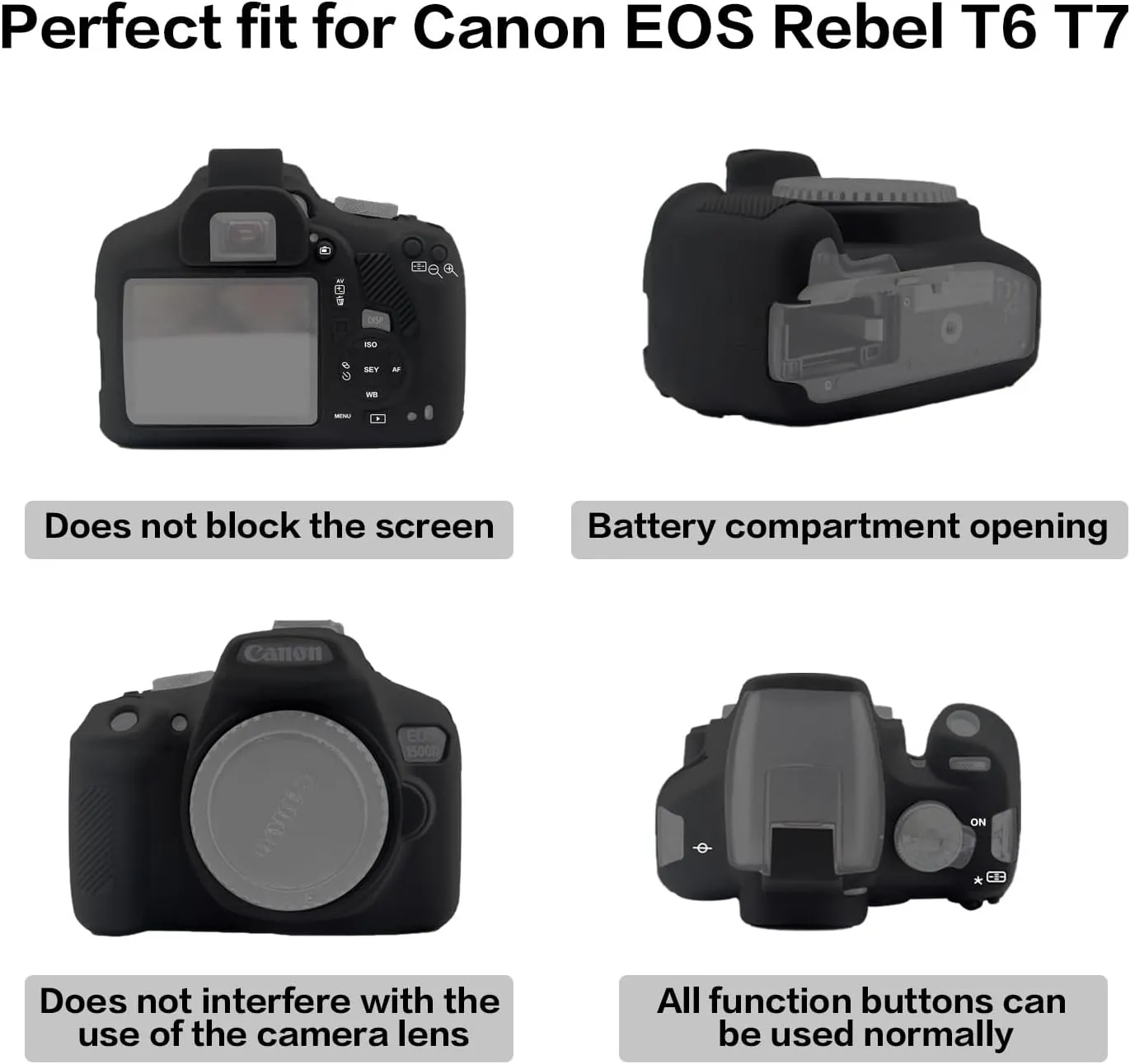 Easy Hood Soft Silicone Camera Case Cover for Canon Rebel T6/1300D, T7/1500D DSLR - Black with Button Marking