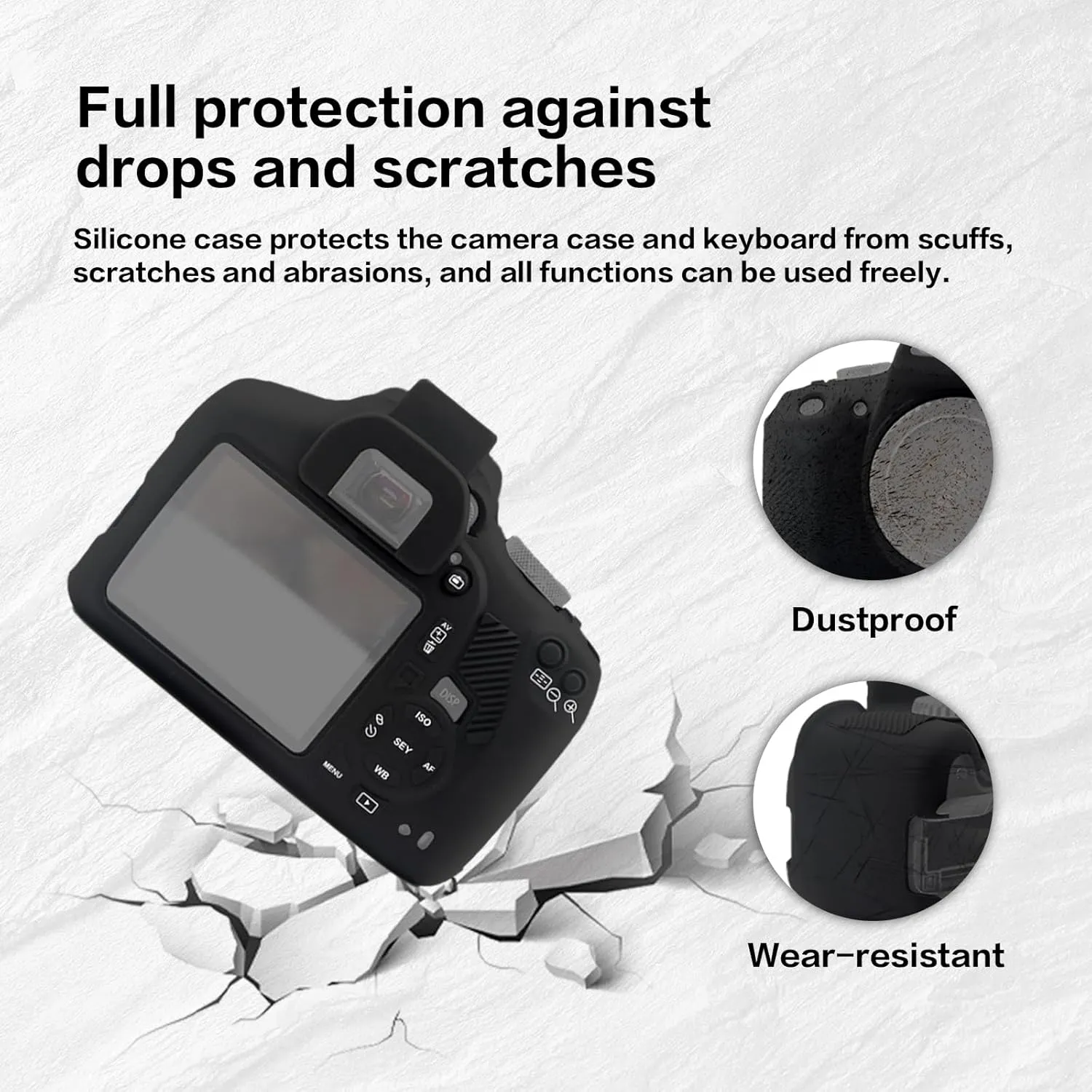 Easy Hood Soft Silicone Camera Case Cover for Canon Rebel T6/1300D, T7/1500D DSLR - Black with Button Marking