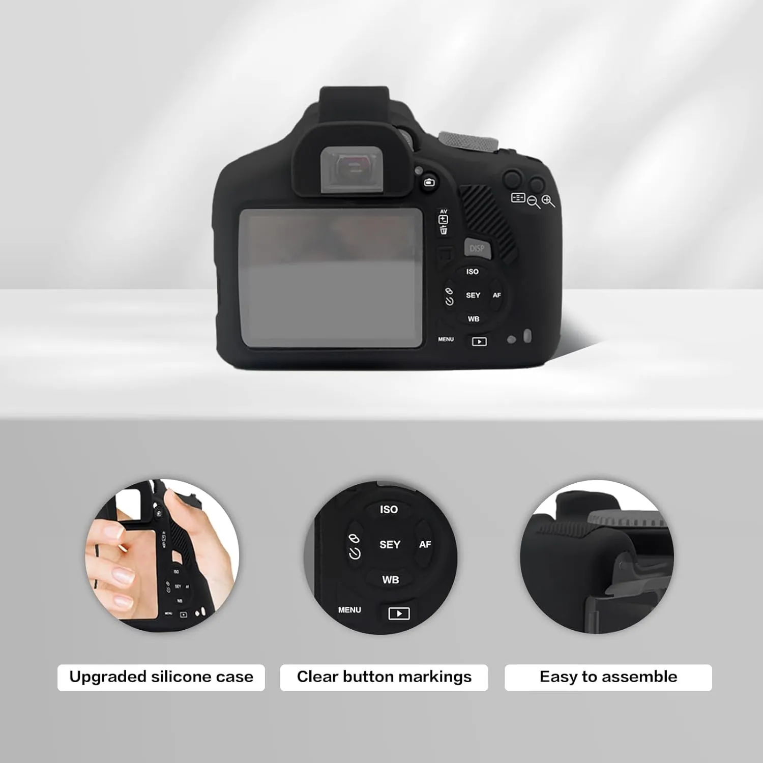 Easy Hood Soft Silicone Camera Case Cover for Canon Rebel T6/1300D, T7/1500D DSLR - Black with Button Marking